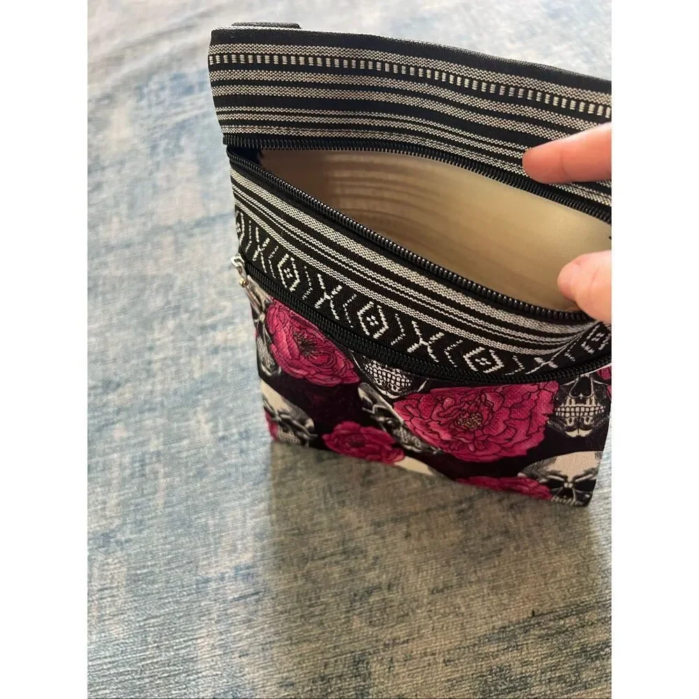 Black Pink Peony Flower Skull Cotton Canvas Two Pocket Crossbody Shoulder Pouch